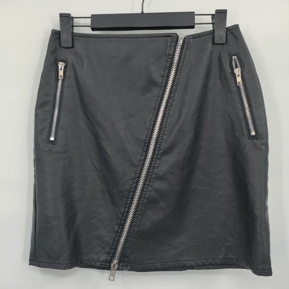 JUST-ONE Leather Skirt with silver metal zippers Black Medium - Picture 1 of 10